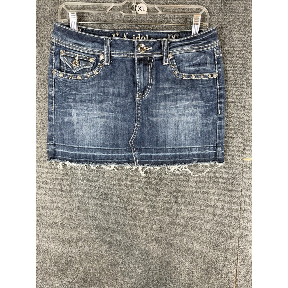LA Idol USA Denim Mini Skirt Dark Wash Rhinestone Contrast Stitch Size M - Picture 2 of 10
